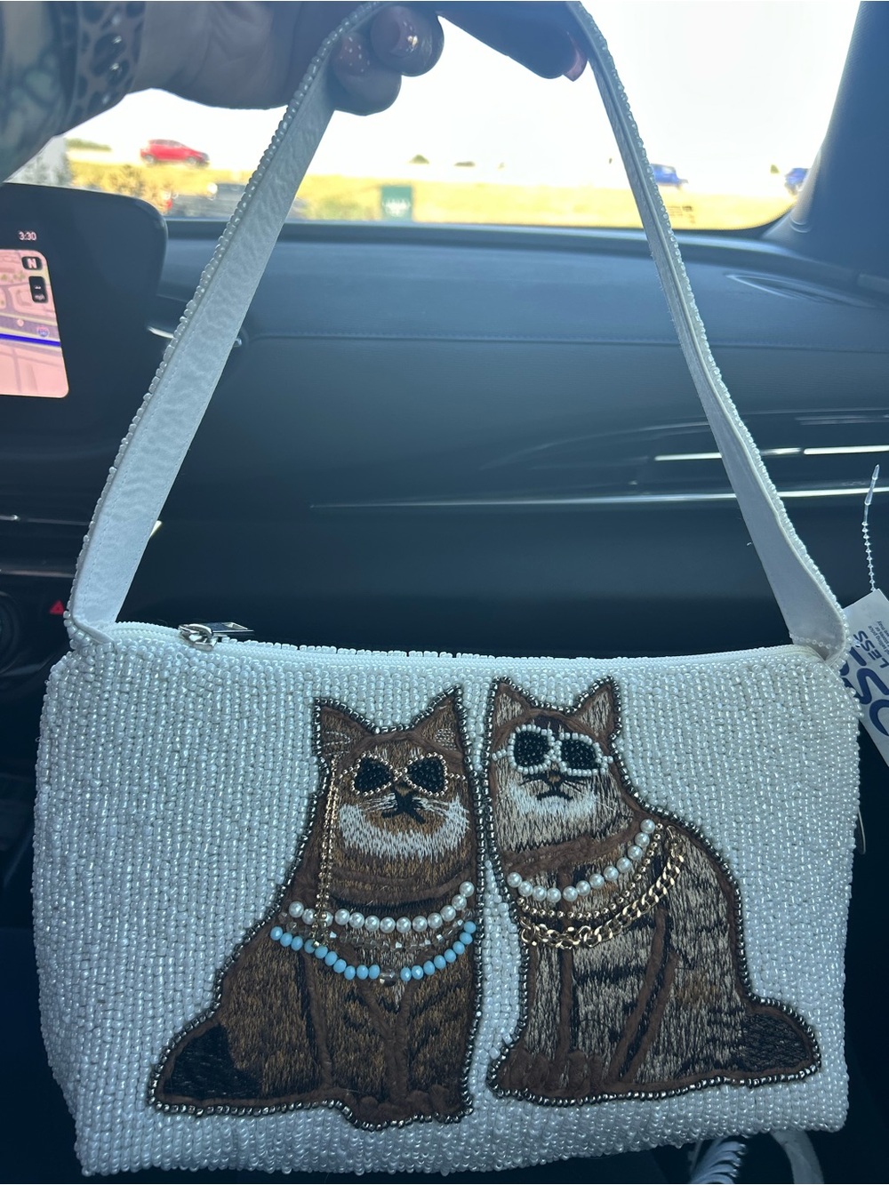White Beaded Cat Applique Shoulder Bag